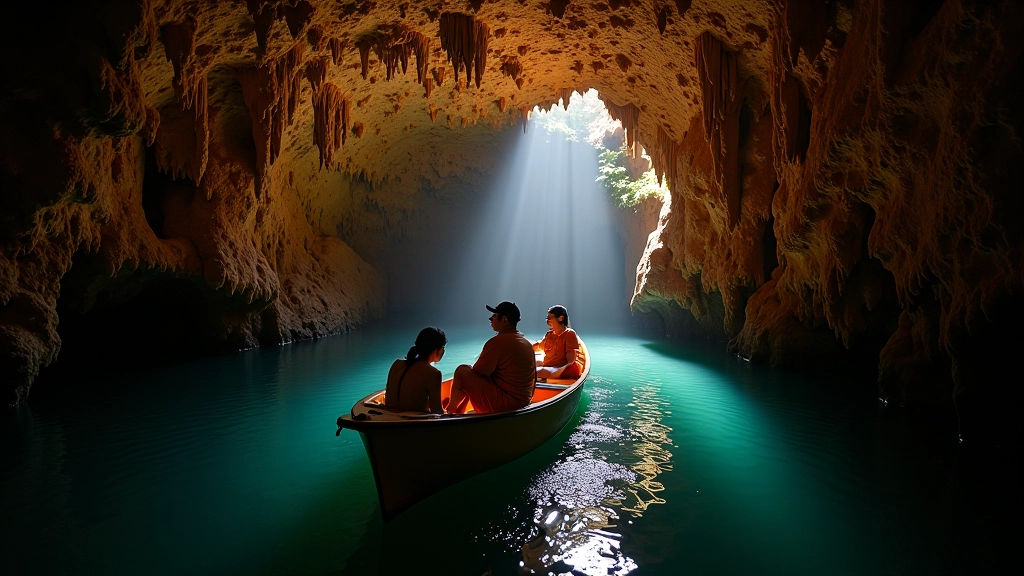 Tour boat on underground river inside cave with guide and passengers experiencing cave system