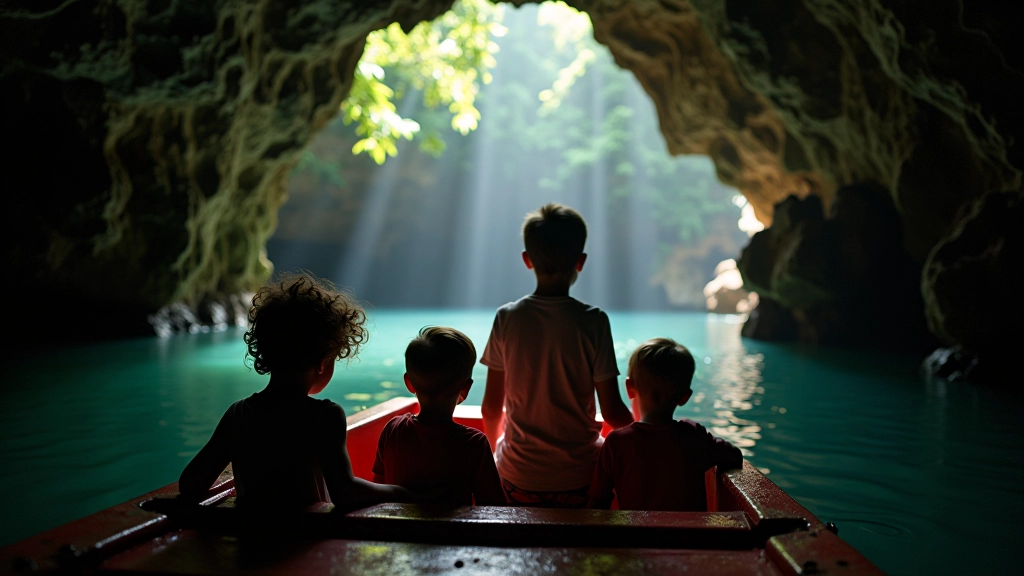 Children sitting safely in underground cave boat with guide, natural cave lighting above