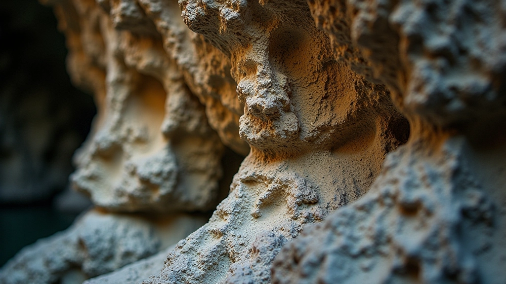 Close-up limestone rock formations showing geological layering and stratification, weathered texture detail, cave system formation example