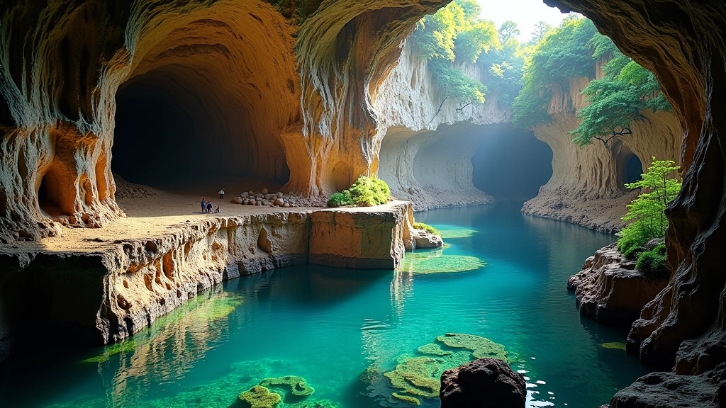 Cross-section geological formation showing limestone cave development and underground water channels