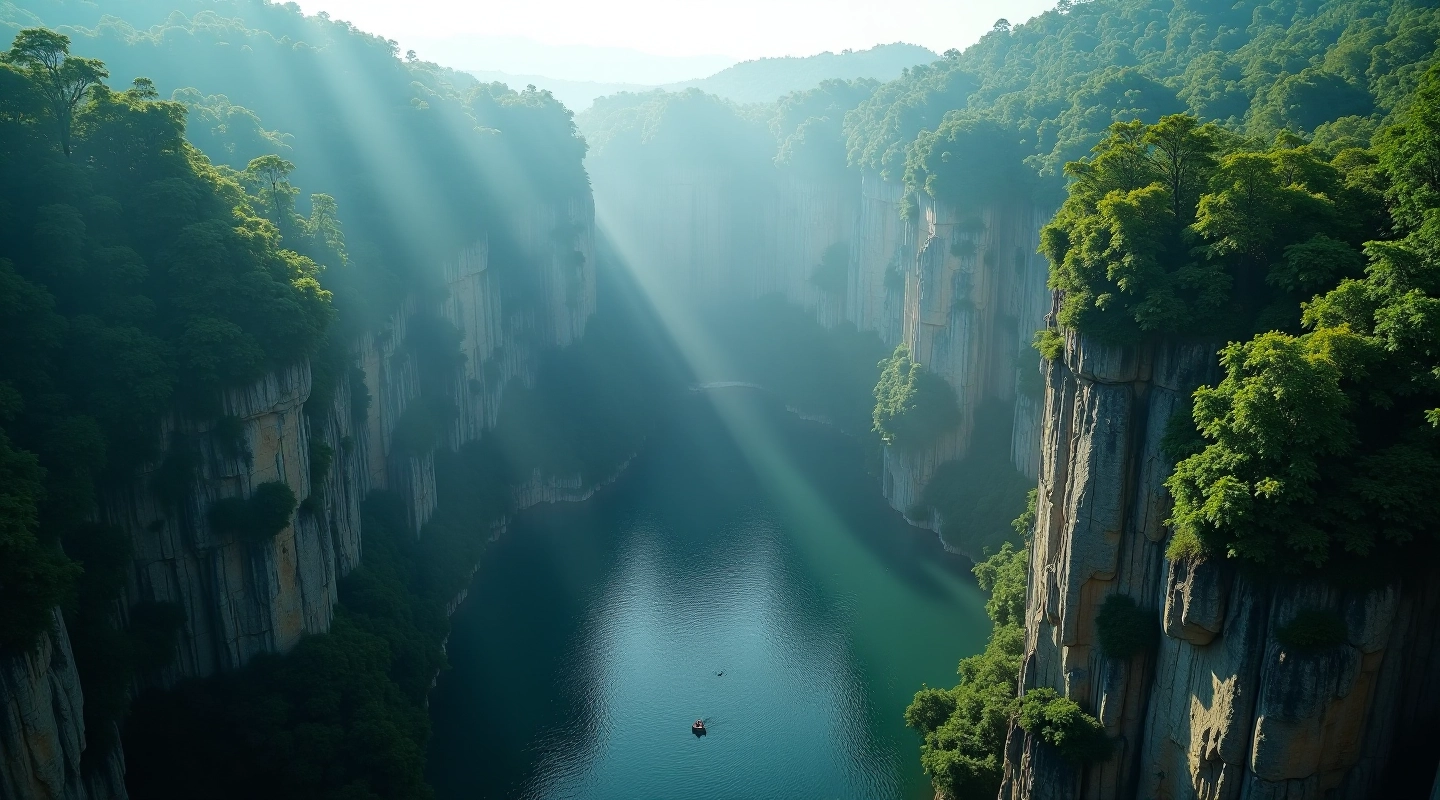 Dramatic aerial view of Macocha Abyss limestone sinkhole surrounded by forested cliff edges, misty morning light