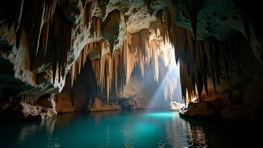 Cave ceiling with dramatic limestone formations and stalactites, natural cave architecture, geological patterns