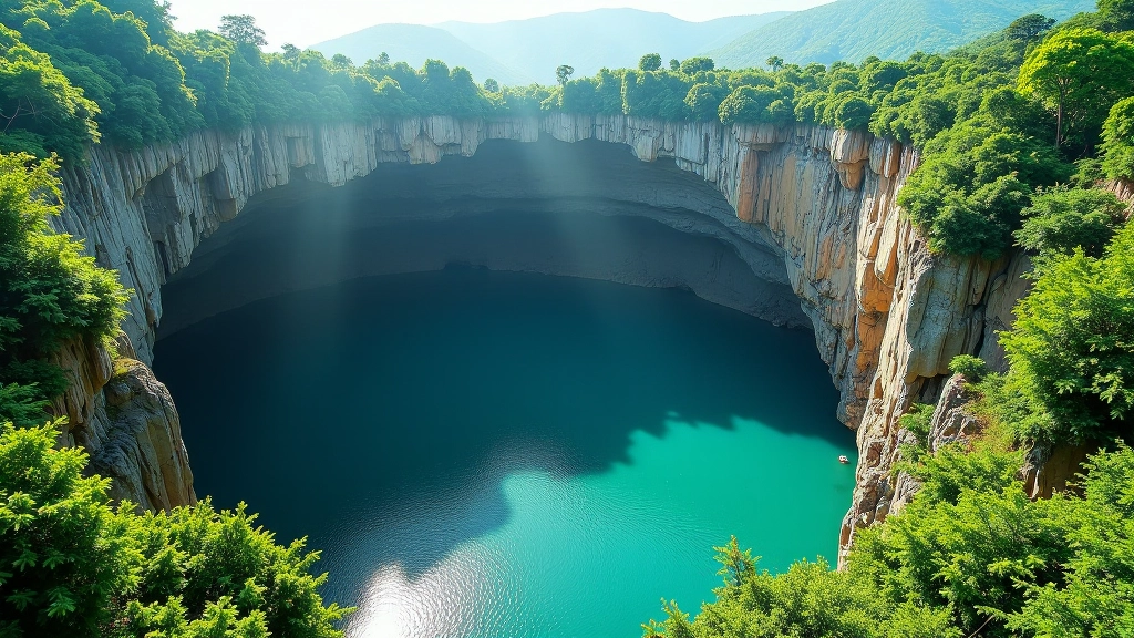 Dramatic sinkhole landscape with vegetation, viewing platform, geological formation from above