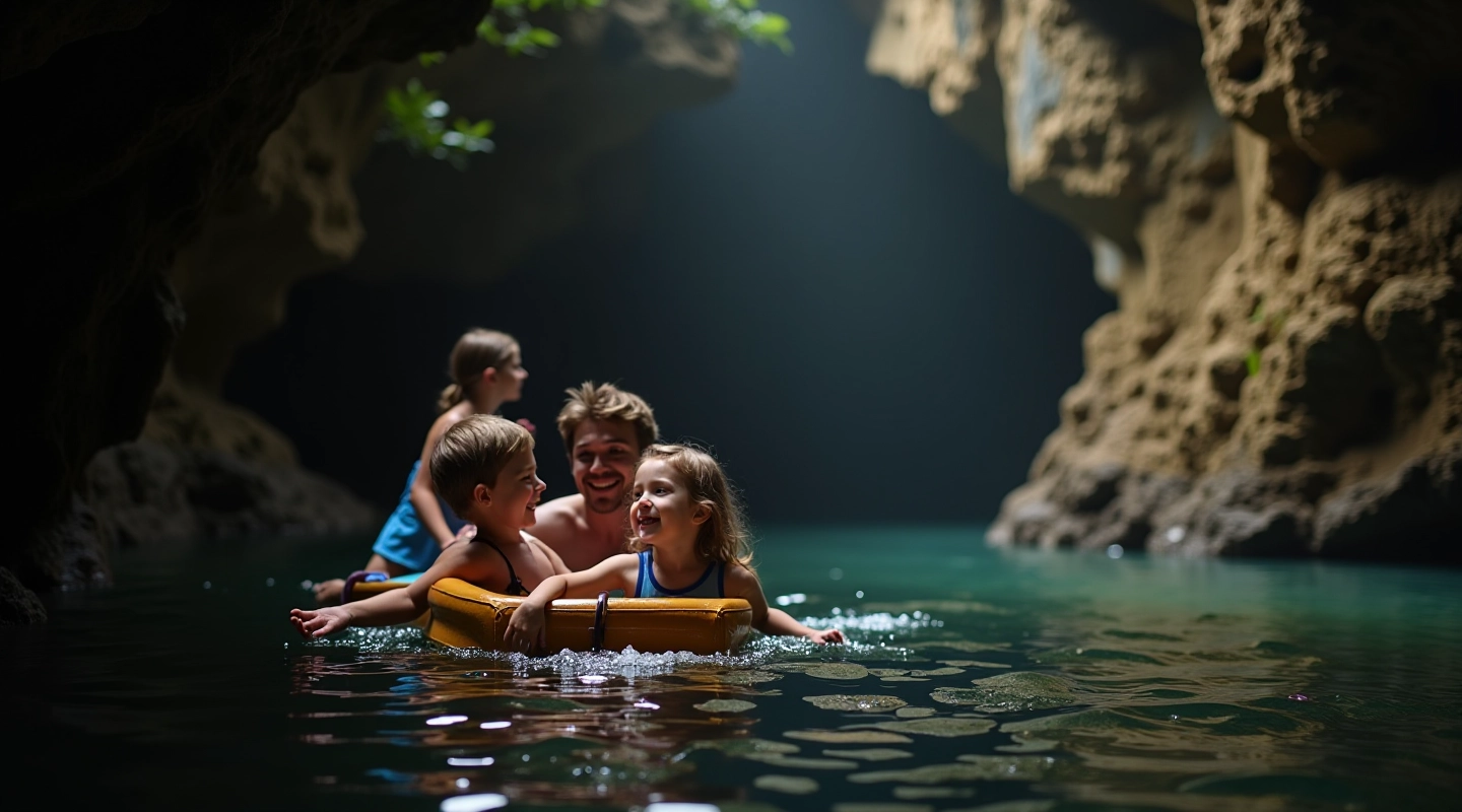 Family enjoying underground cave boat tour with children