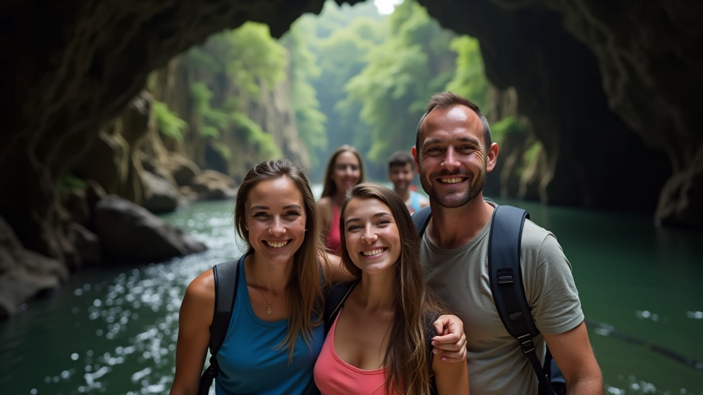 Family group smiling after completing cave tour, satisfied visitors emerging from cave entrance