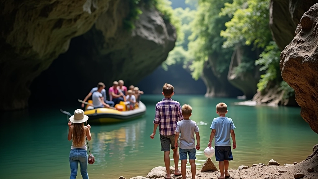Family group with children exploring cave area, diverse visitors, outdoor natural setting