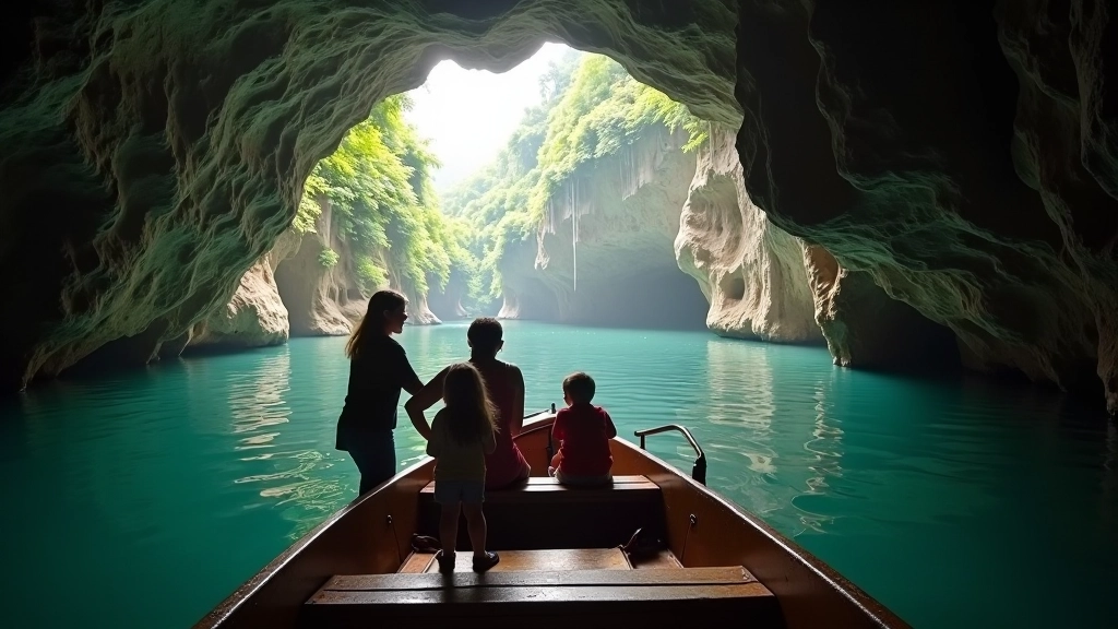 Family with children enjoying cave tour boat ride with guide pointing out cave features