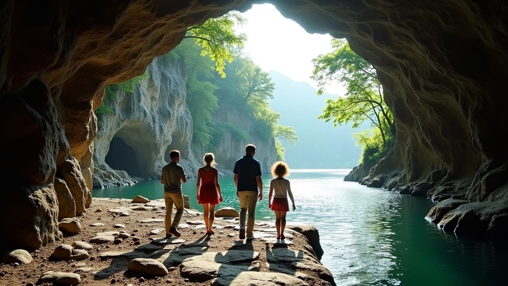 Family with children exploring cave entrance, group of people including kids on guided tour path, natural cave setting