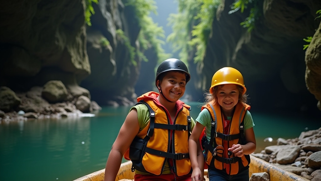 Family with children preparing for cave tour, wearing appropriate clothing and safety gear