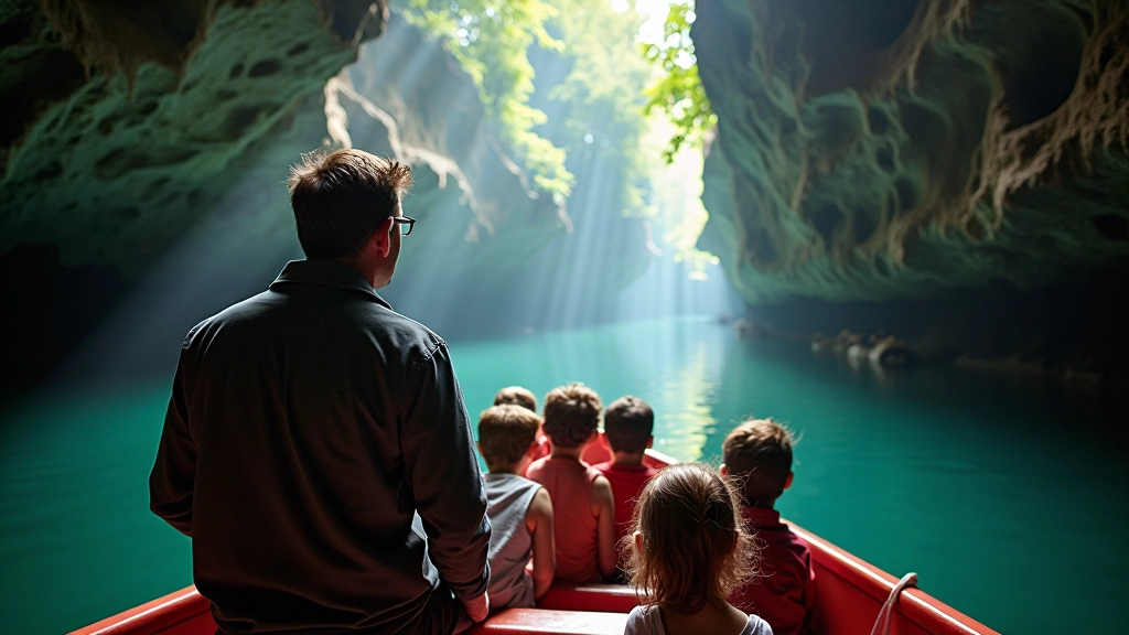 Guide pointing out cave formations to engaged group of children in boat, educational moment