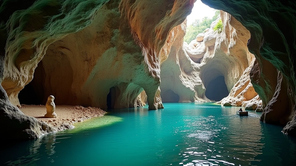 Limestone rock formations in cave system, geological layers and mineral deposits visible, cave interior detail photography