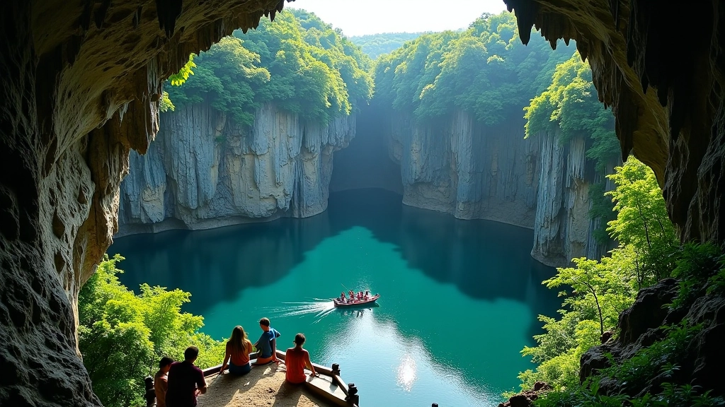 Macocha Abyss sinkhole viewpoint with surrounding forest and cliff edges visible from above