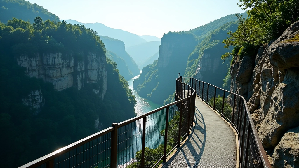 Metal viewing platform railing at Macocha rim edge, overlooks forested canyon landscape, clear day visibility across valley, safety barriers installed