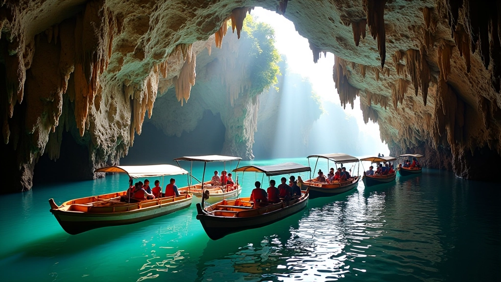 Cave tour departure area with multiple boats docked, visitor facilities, cave entrance, organized tour setup