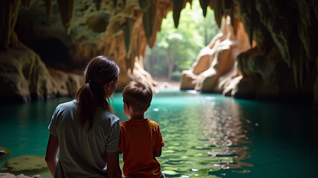 Parent and child examining cave formations up close during tour, educational cave exploration