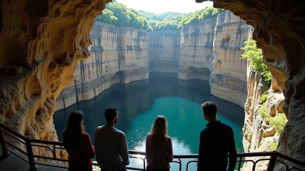 Tourists viewing Macocha Abyss from protected viewing platform with steep limestone walls