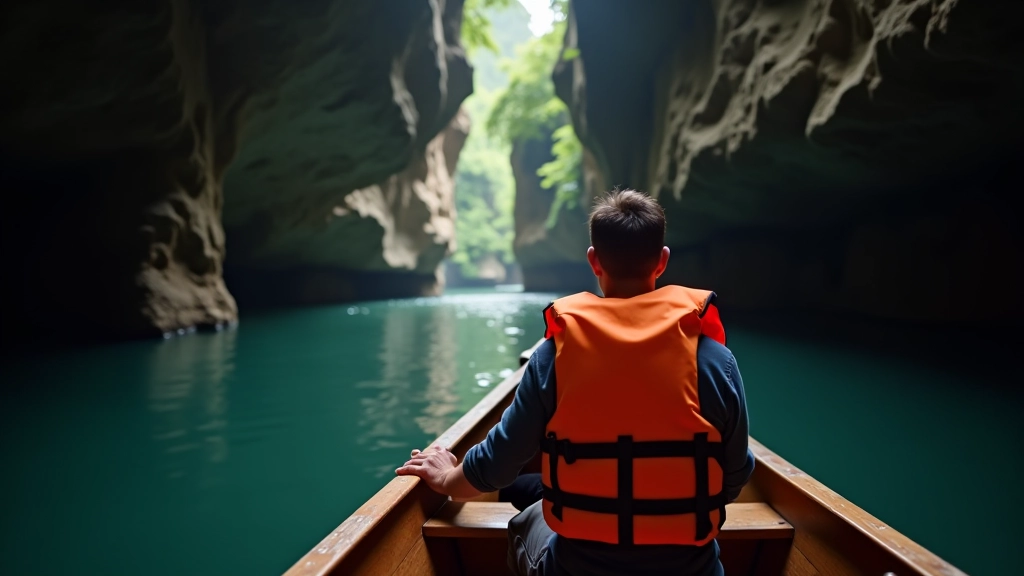Person in life jacket sitting in cave tour boat, calm water, cave passage ahead, realistic cave tour setup