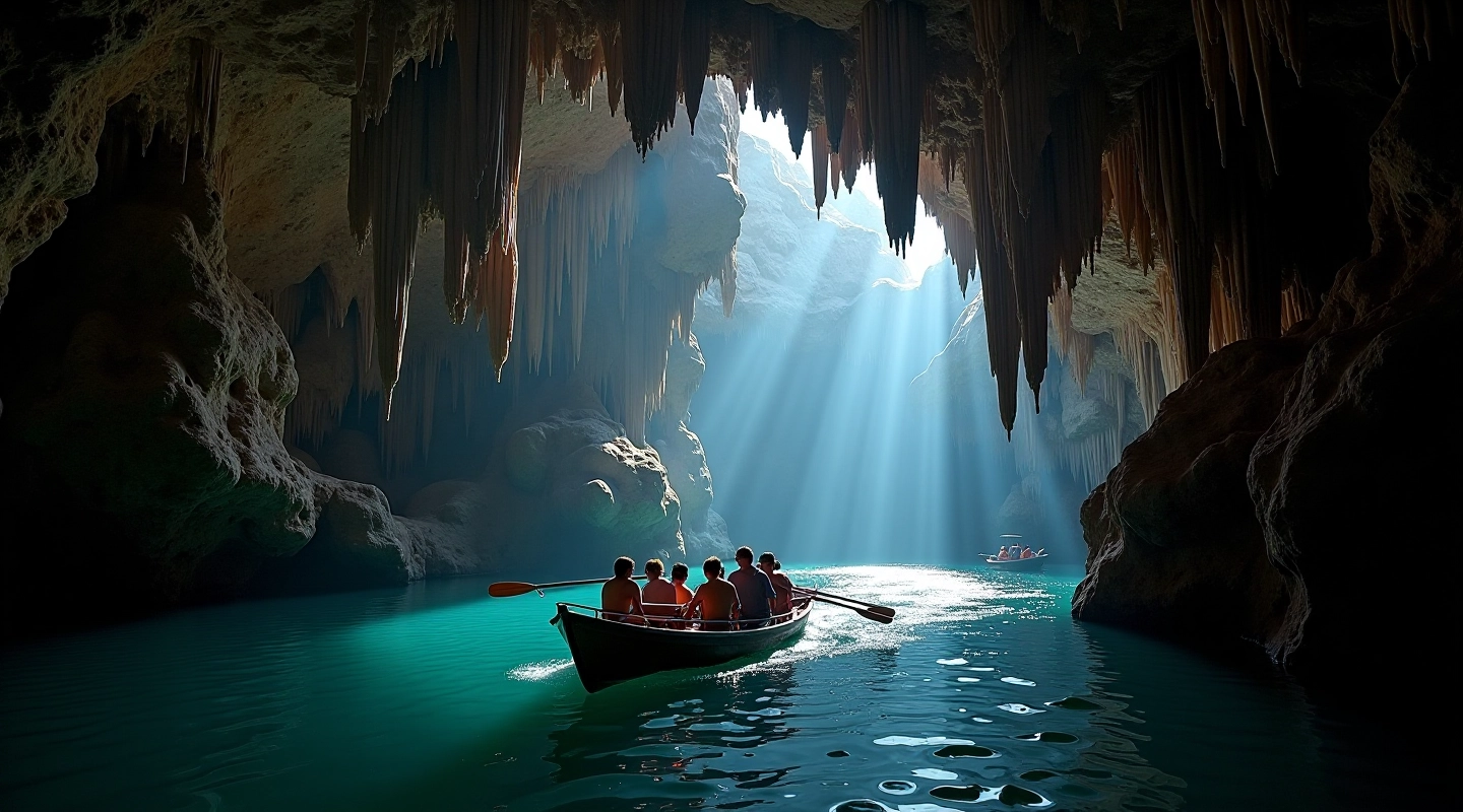 Underground cave chamber with river and dramatic rock formations