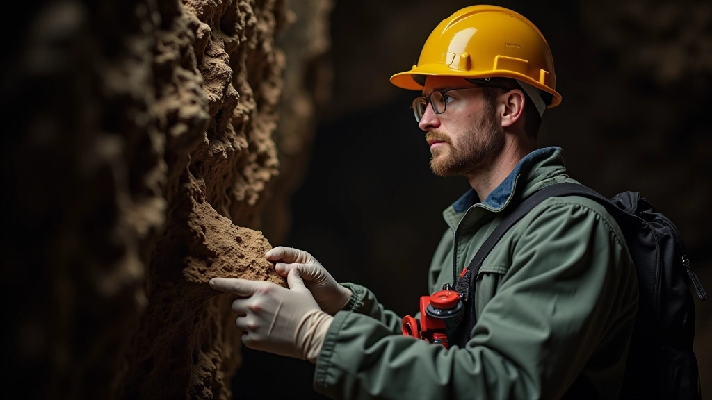 Professional guide examining cave geological formations and rock samples
