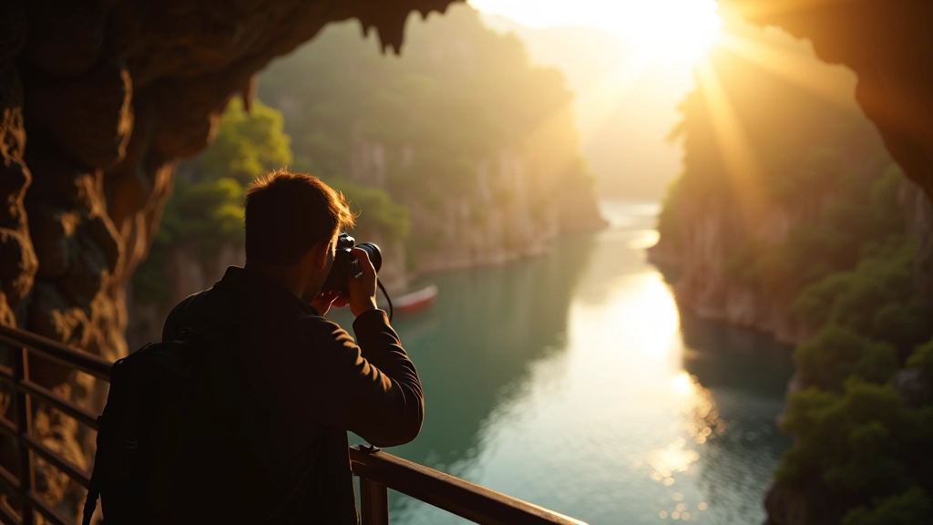 Photographer with camera on viewing platform at Macocha Abyss rim, morning light golden hour, composition showing scale of landscape behind