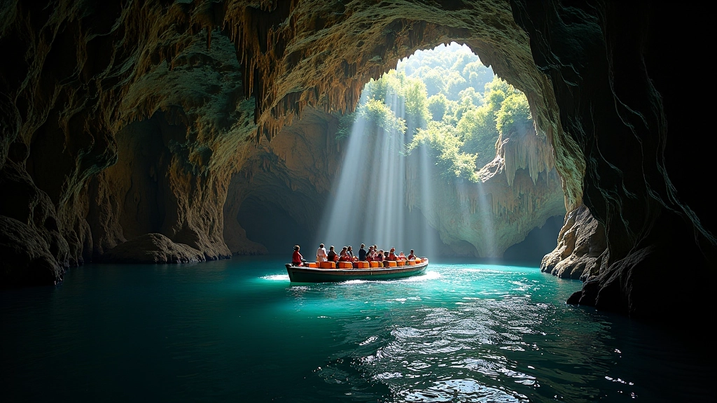 Punkva Cave boat tour entrance with natural lighting and visitors boarding