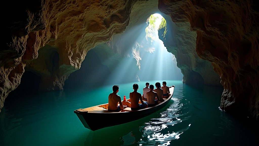 Punkva Cave boat tour with visitors on wooden boat in illuminated underground passage