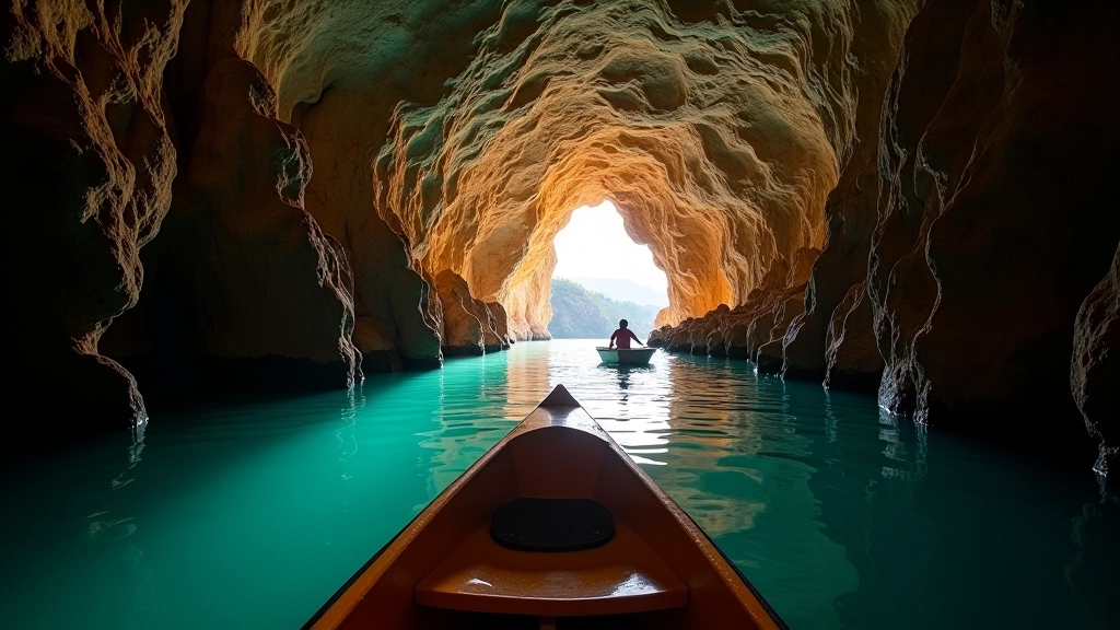 Underground river flowing through limestone cave chamber with boat tour visible on water, cave walls surrounding, natural cave lighting