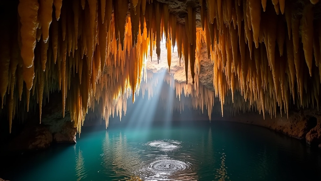 Stalactites hanging from cave ceiling with water dripping, illuminated by soft cave lighting in dark cavern