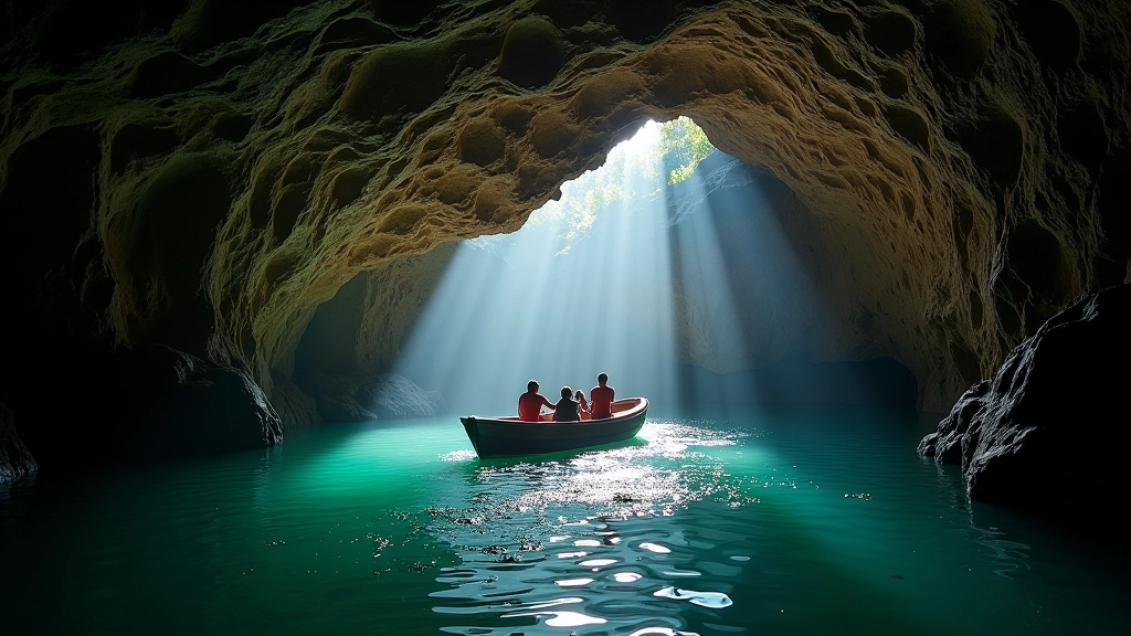 Underground boat on Punkva River in cave, boat and passengers, natural cave interior lighting from water