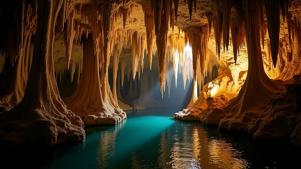 Dramatic limestone formations and cave ceiling inside Punkva Cave with underground river