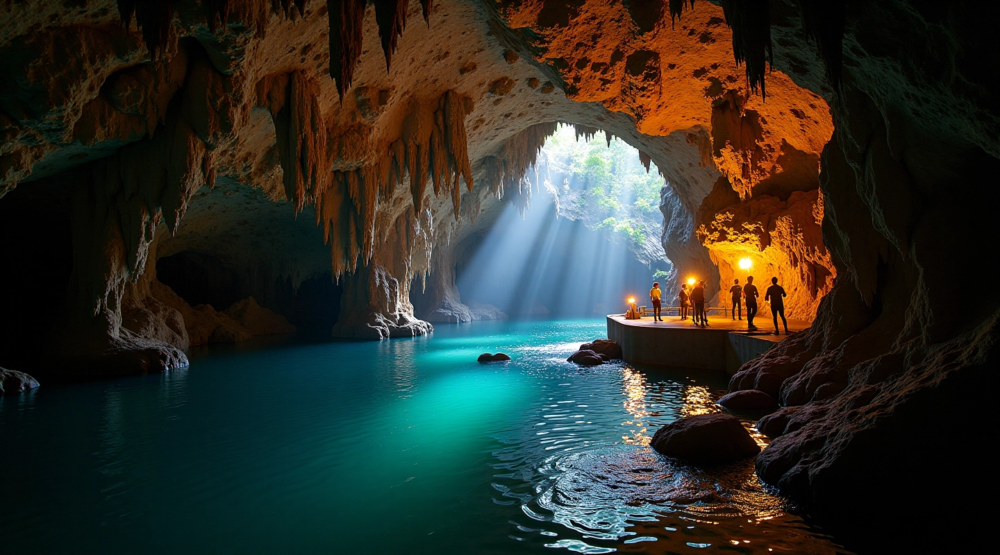 Underground cave with illuminated rock formations and underground river, showing boat tour departure area