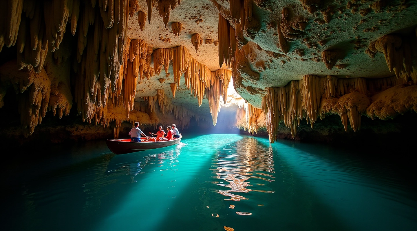 Underground cave river with dramatic limestone formations and boat tour lighting
