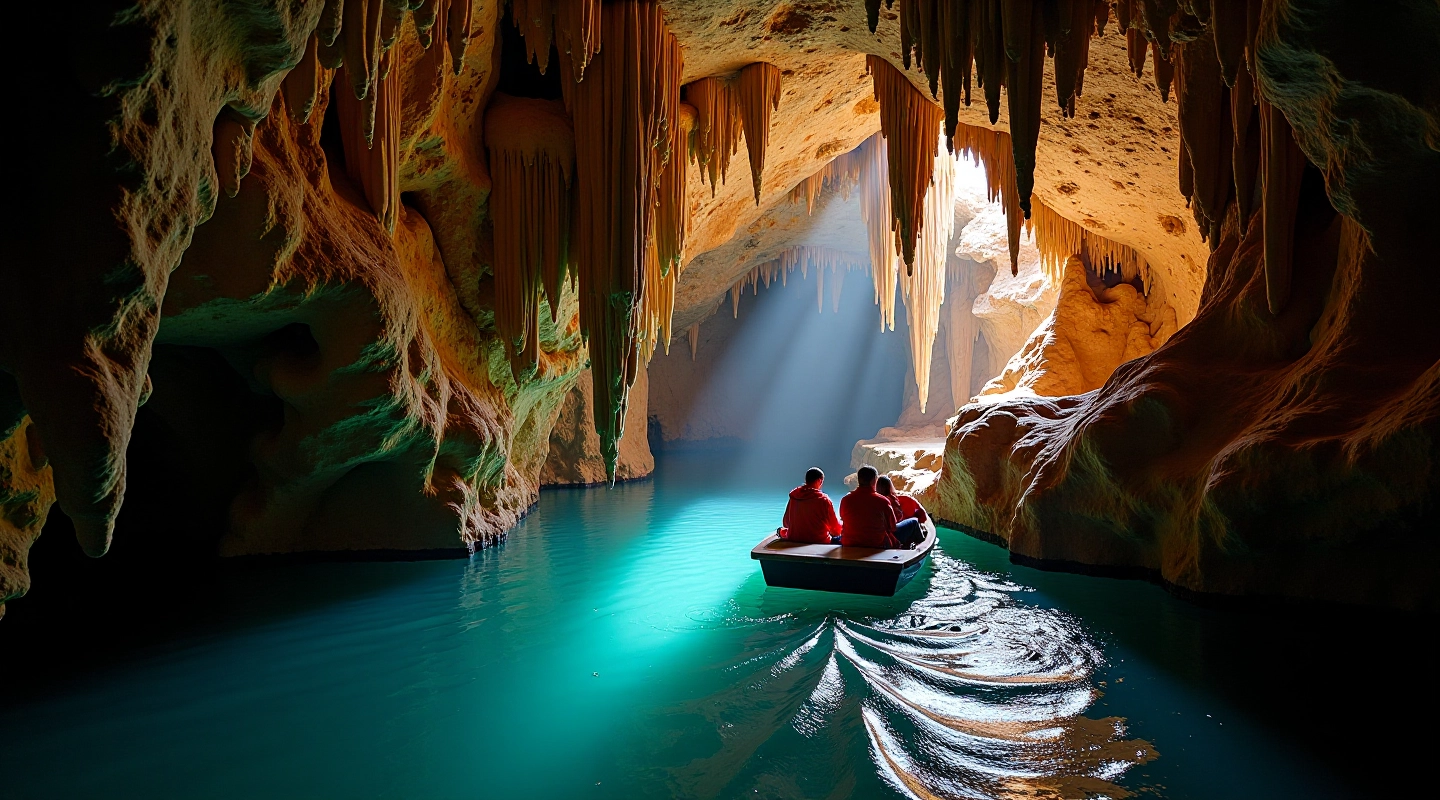 Underground limestone cave with flowing underground river and stalactites illuminated by cave lighting
