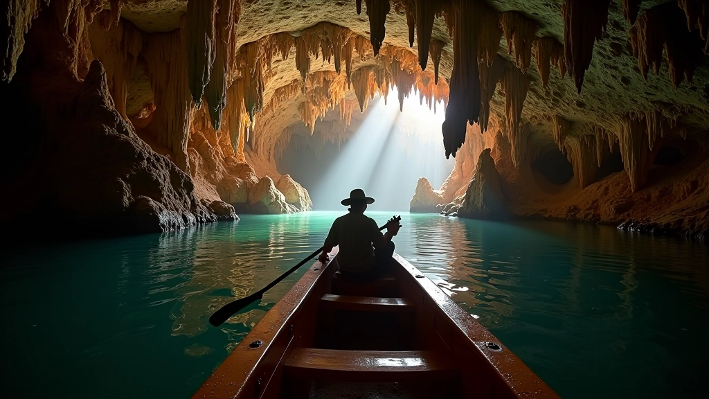 Underground river boat tour through limestone cave chambers
