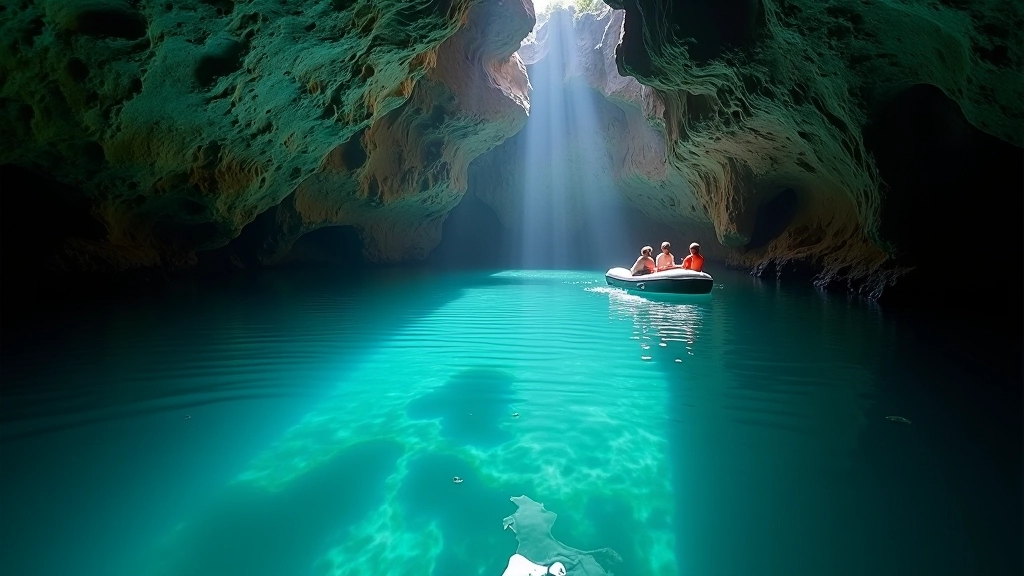 Cave river water with clear visibility showing limestone bedrock below, gentle current visible on water surface