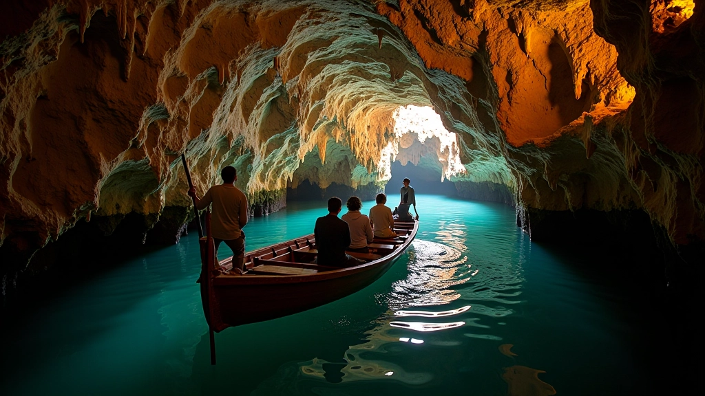 Wooden boat floating on underground river with guide, limestone ceiling above, cave walls illuminated by lights